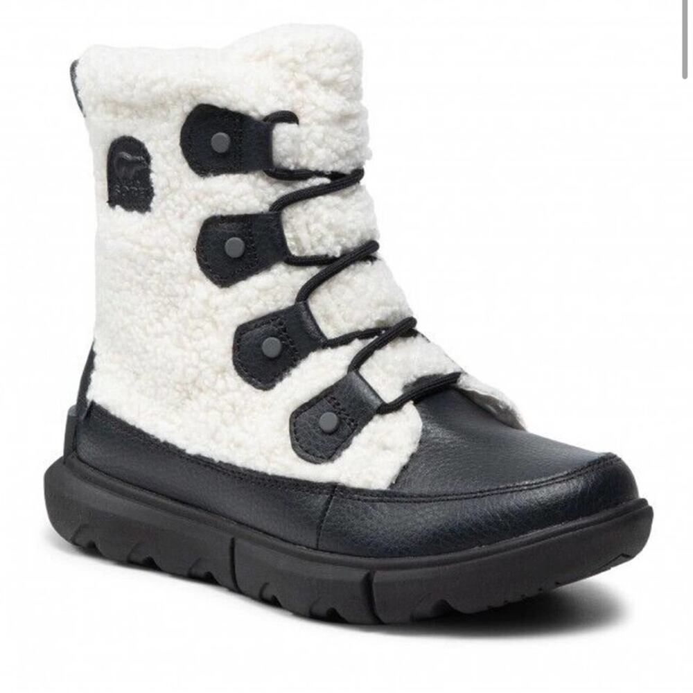 Sorel Women's Explorer II Joan Cozy Black White Sea Salt Boots size 6